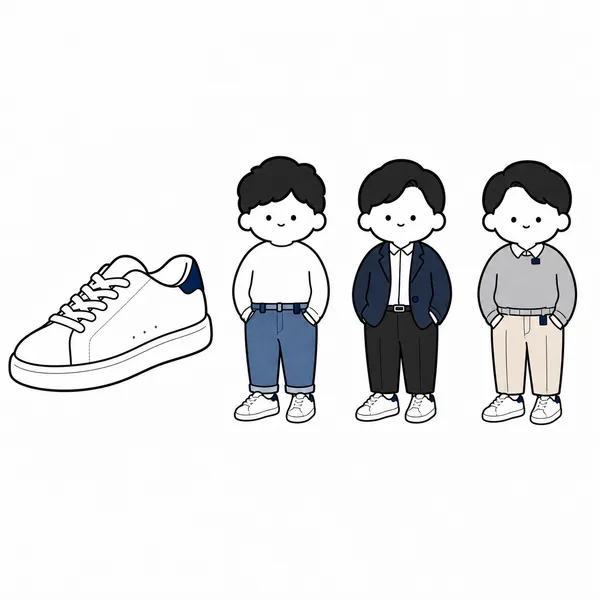 청바지와 슬랙스, 베이지 팬츠에 아디다스 스탠스미스 네이비를 매치한 코디 예시