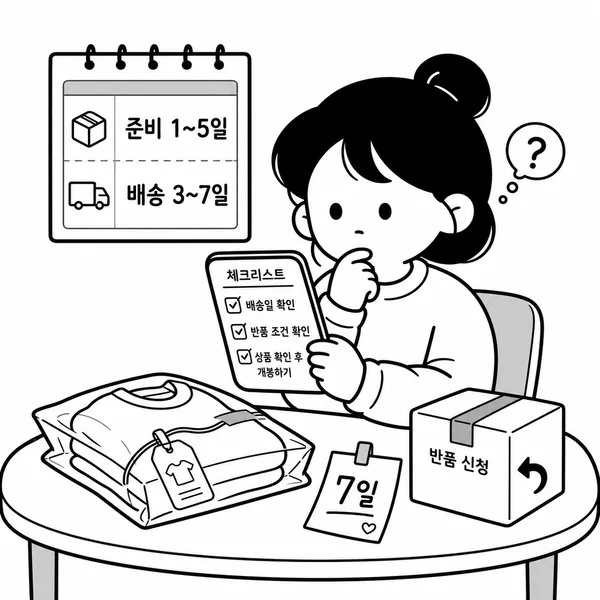 배송 준비 기간과 반품 조건, 택 보존 여부를 확인하는 온라인 쇼핑 일러스트