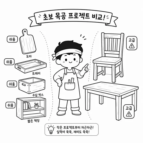 초보자에게 쉬운 도마와 트레이, 난도가 높은 의자와 식탁을 비교한 목공 일러스트
