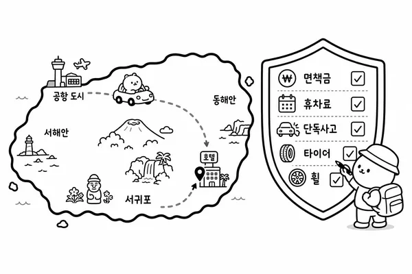 제주 숙소 권역 동선과 렌터카 보험 확인 항목을 보여주는 일러스트