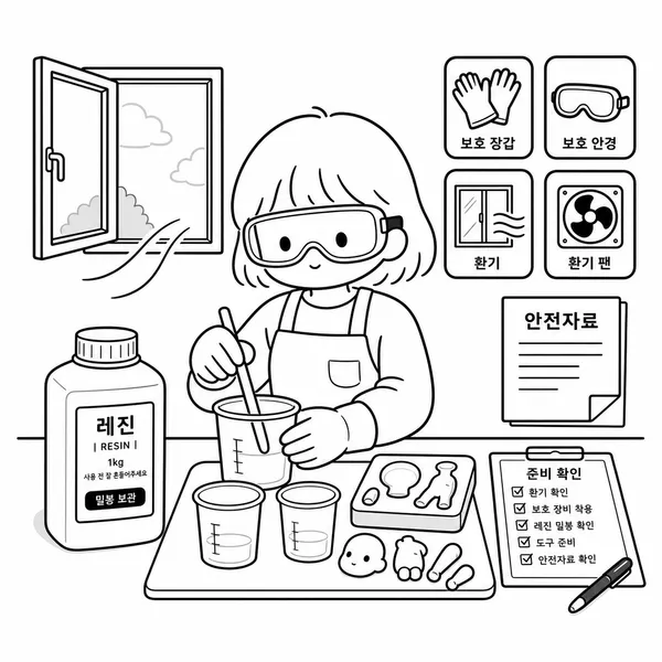 보호장갑과 보안경을 착용하고 환기 환경에서 레진 작업을 준비하는 모습
