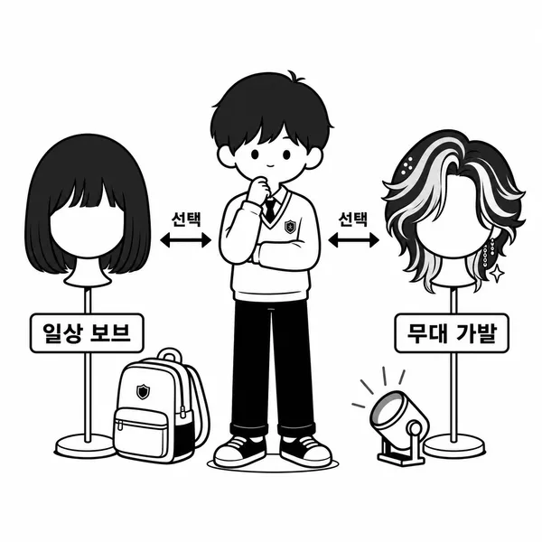 매일 착용하는 자연스러운 가발과 공연용 컬러 가발을 비교한 일러스트