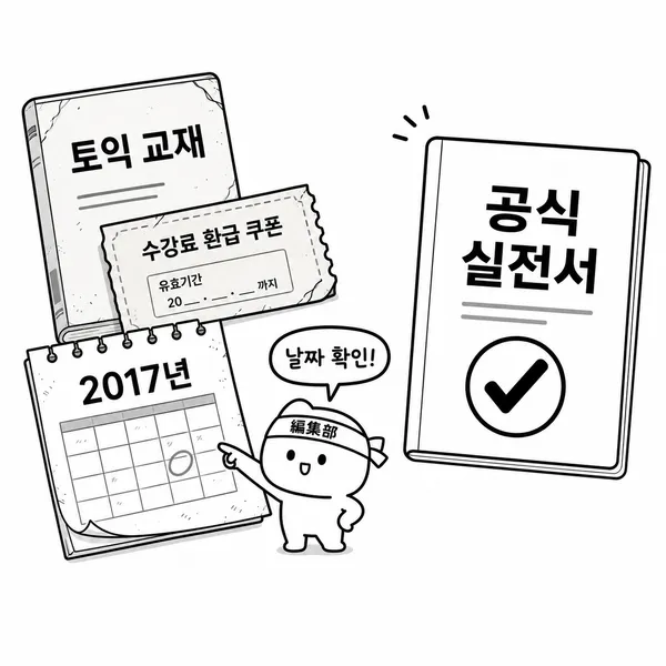 오래된 토익 교재와 2017년 쿠폰, 최신 공식 문제집의 날짜 확인 안내