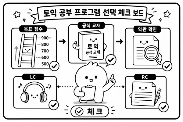 목표 점수와 공식 교재, 환급 약관, LC와 RC 취약 영역을 점검하는 토익 학습 계획