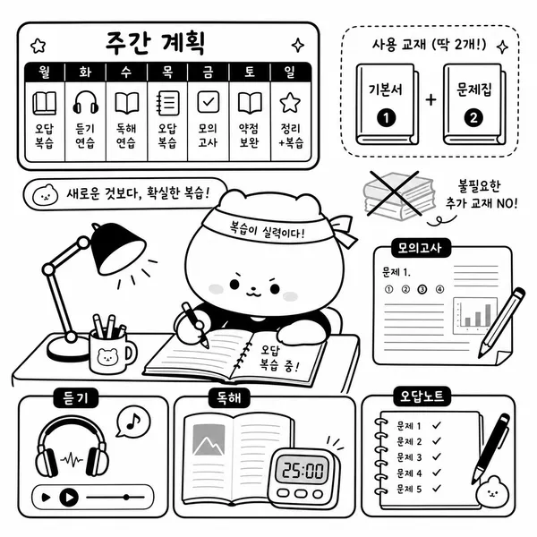 모의고사와 듣기 연습, 독해 타이머, 오답 노트로 구성한 2주에서 4주 토익 학습 루틴
