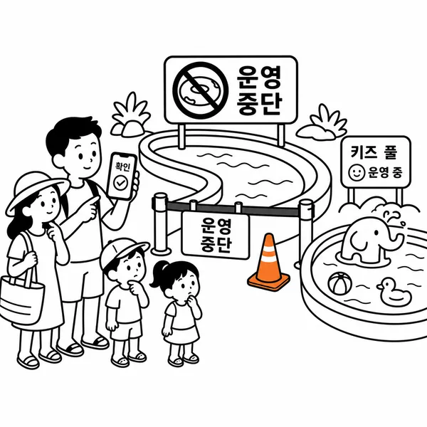 정비 중인 레이지리버와 운영 여부 확인이 필요한 수영장 시설을 표현한 일러스트