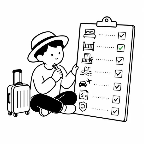 침대 타입과 유아침대, 수영장, 공항 이동, 취소 규정을 확인하는 호텔 예약 체크리스트 일러스트