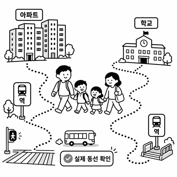 아파트 단지에서 학교와 지하철역까지의 실제 생활 동선을 확인하는 가족 일러스트