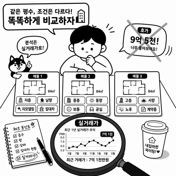 같은 평형 아파트 매물을 층수와 향, 수리 상태, 임대차 조건별로 비교하는 일러스트