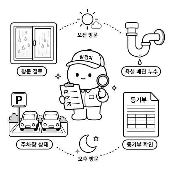 창호 결로와 배관 누수, 주차장, 등기부등본을 점검하는 아파트 현장 점검 일러스트