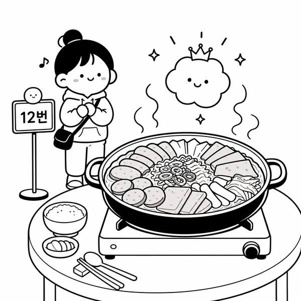 대기 후 부대찌개를 기다리는 손님과 끓는 부대찌개 일러스트
