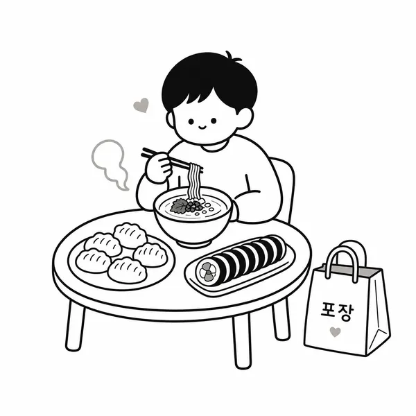 만두와 김밥, 들깨칼국수로 가벼운 한 끼를 즐기는 손님 일러스트