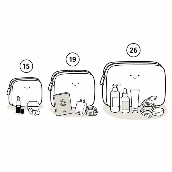 포쉐트 토일렛 15·19·26 크기별 수납 용도를 비교한 일러스트