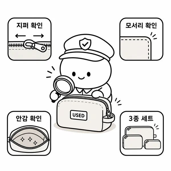 중고 포쉐트 토일렛의 지퍼와 캔버스, 안감, 세트 구성을 점검하는 일러스트