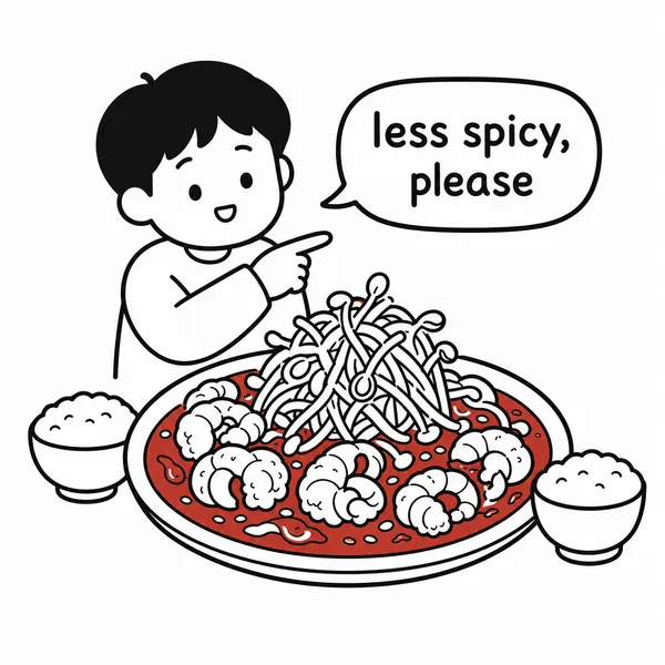 콩나물과 아귀가 담긴 매콤한 마산 아구찜과 덜 맵게 주문하는 손님 일러스트