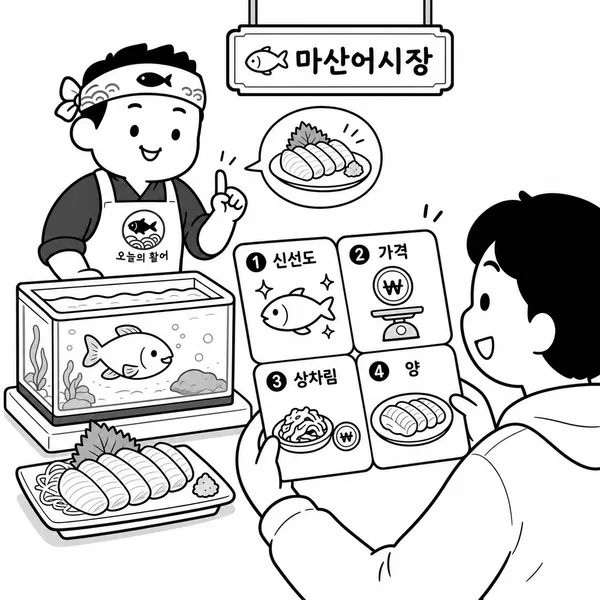 마산어시장에서 활어 상태와 가격, 상차림 비용, 회 양을 확인하는 주문 체크 일러스트