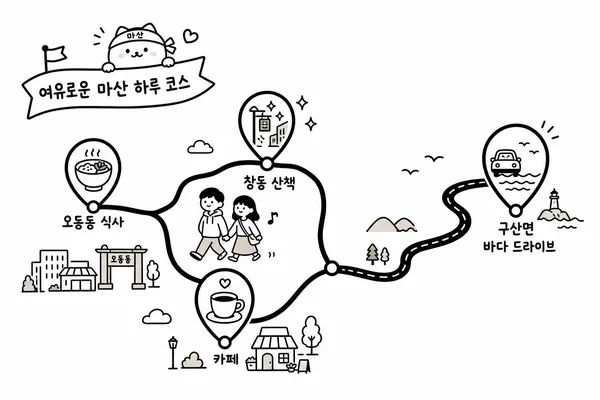 오동동 식당과 창동예술촌 산책, 카페, 구산면 해안 드라이브를 연결한 마산 하루 동선 지도 일러스트