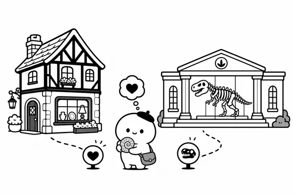 튜더풍 코너 건물과 공룡 골격이 보이는 자연사 박물관 사이에서 선택하는 수집가 일러스트