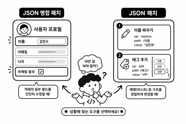 간단한 객체 수정에 적합한 JSON Merge Patch와 배열 변경에 적합한 JSON Patch 비교