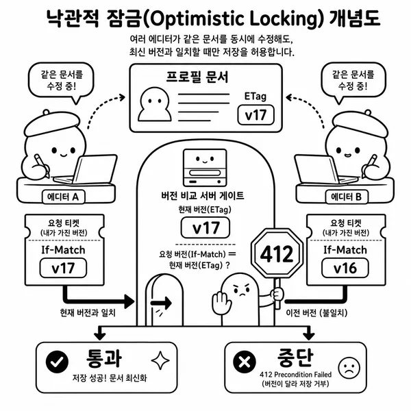 ETag와 If-Match를 비교해 오래된 수정 요청을 412 오류로 차단하는 동시 수정 방어