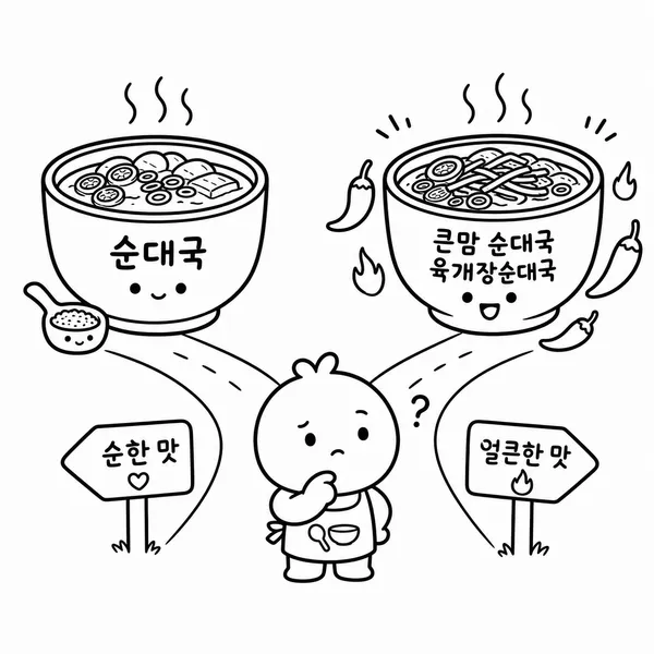 순대국과 큰맘 순대국, 육개장순대국의 담백함과 얼큰함을 비교하는 그림