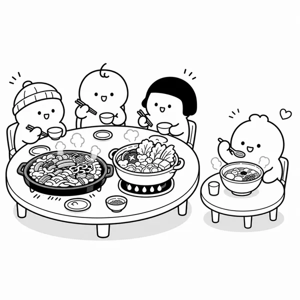 혼자 먹는 순대국과 여럿이 나눠 먹는 순대 철판볶음 및 전골을 비교한 그림