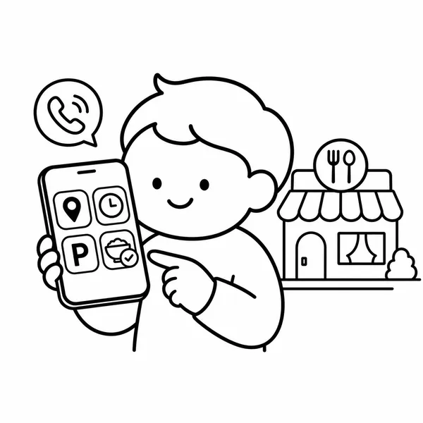 지점명, 영업시간, 주차, 메뉴와 가격을 휴대전화로 확인하는 방문 전 체크리스트 그림