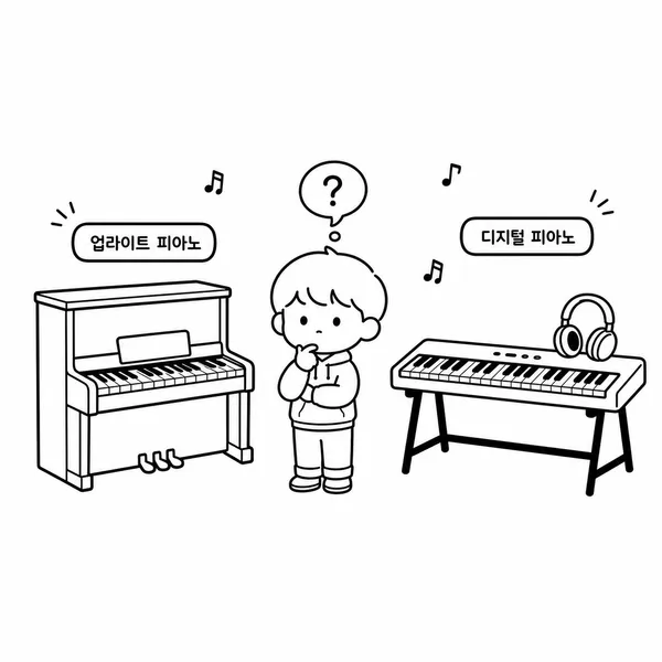 어쿠스틱 업라이트 피아노와 헤드폰을 쓴 디지털 피아노를 비교하는 일러스트