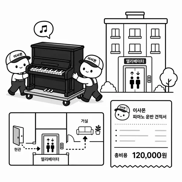 아파트 엘리베이터를 통해 피아노를 운반하고 총비용을 확인하는 일러스트