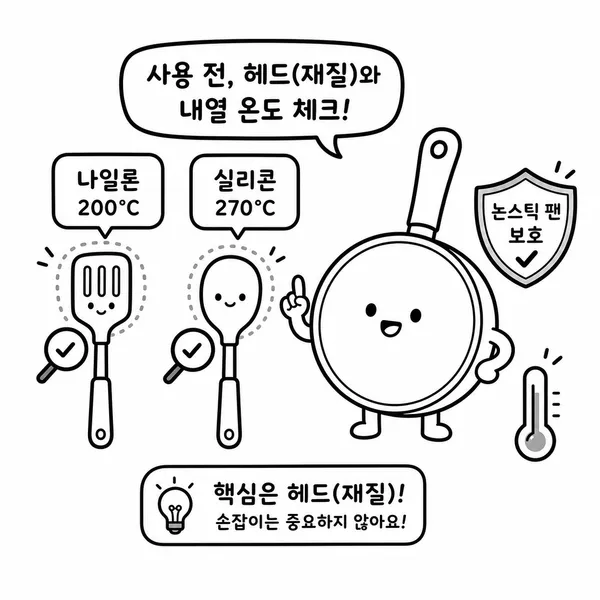 나일론 200도와 실리콘 270도 내열 온도를 확인하는 조리도구 일러스트