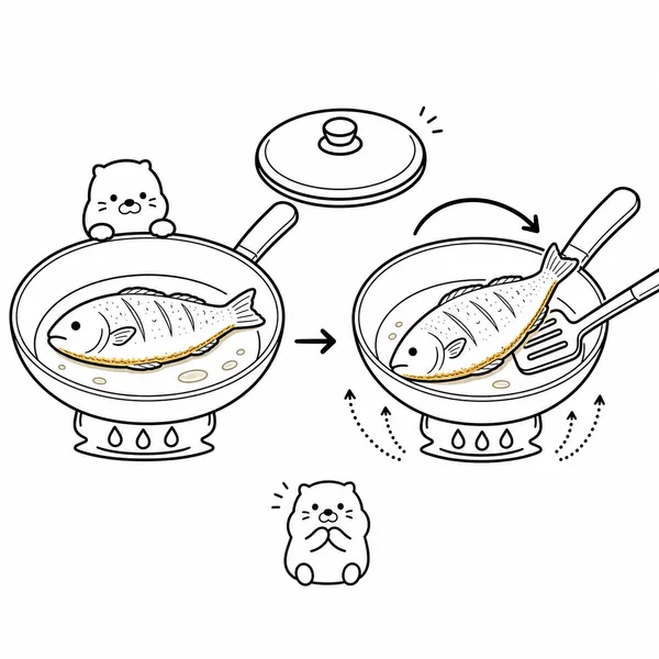 중약불 프라이팬에서 조기를 한 번 뒤집어 천천히 굽는 방법 일러스트