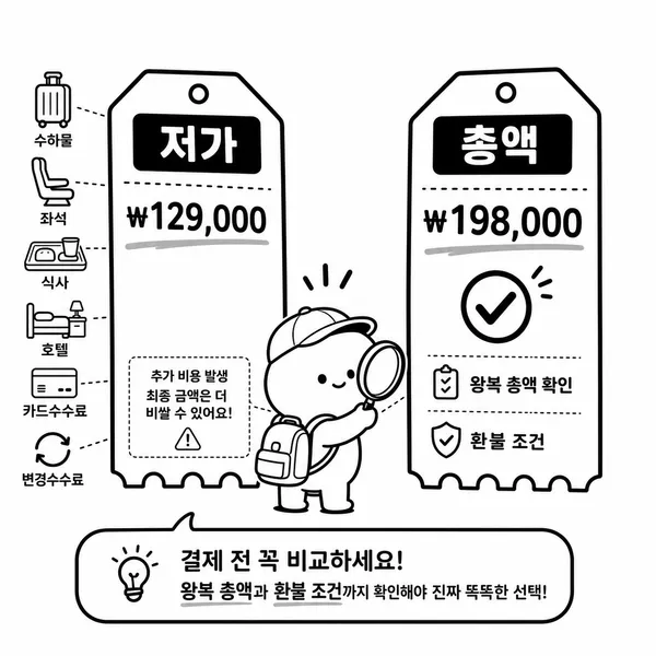 추가 비용이 붙는 저가 항공권과 투명한 왕복 총액 항공권을 비교하는 여행자 일러스트