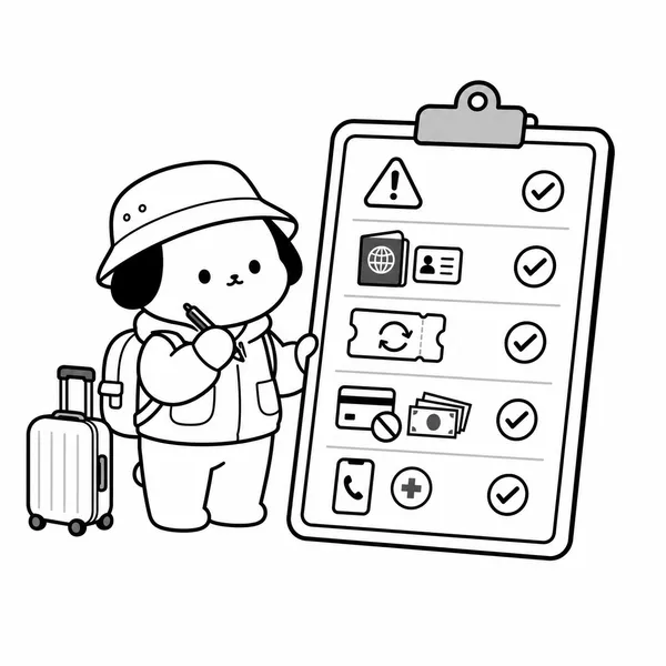 여행경보, 여권과 입국 요건, 환불 가능한 항공권, 결제 수단, 비상 연락처를 확인하는 출국 전 체크리스트 일러스트