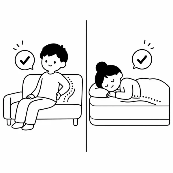 소파에 앉아 허리 지지감을 확인하고 매트리스에 누워 편안함을 시험하는 모습