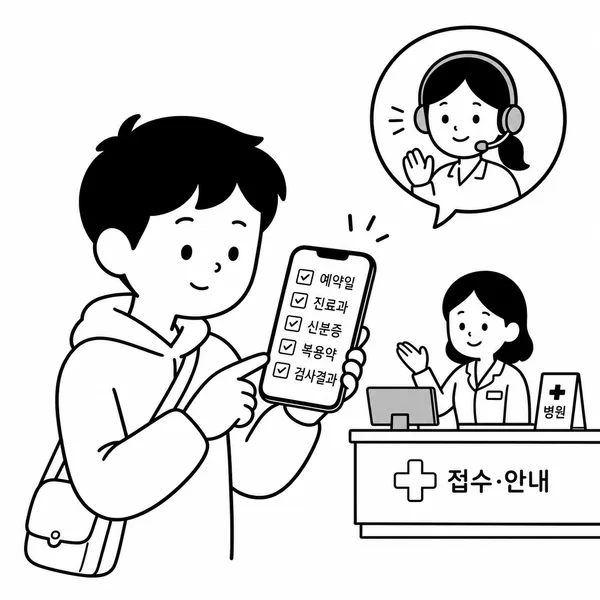 스마트폰으로 초진 예약일과 진료과, 신분증, 약 목록을 확인하는 방문자