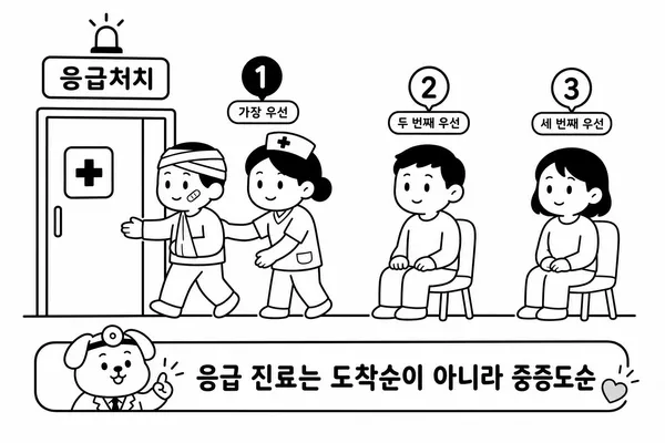 간호사가 가장 위급한 환자를 먼저 응급진료실로 안내하는 중증도 우선 진료 안내 그림