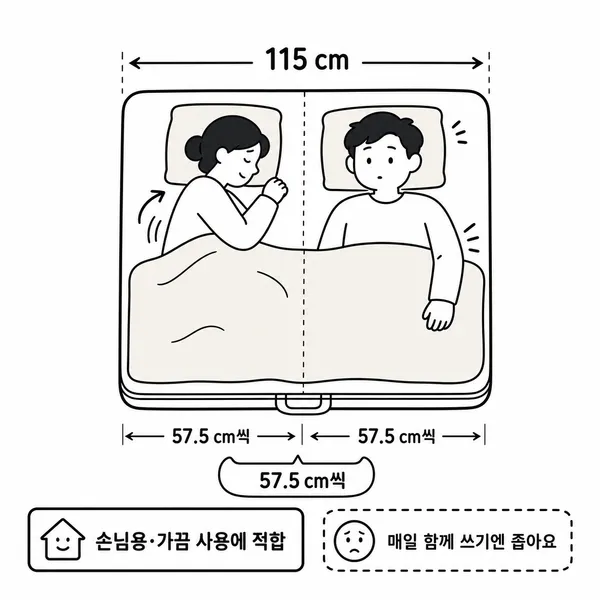 폭 115cm 접이식 침대에 두 성인이 누웠을 때의 공간을 보여주는 그림