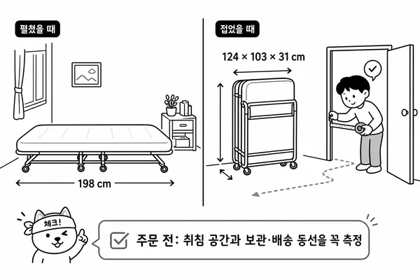 접이식 침대의 펼친 길이와 접었을 때 수납 공간을 측정하는 그림