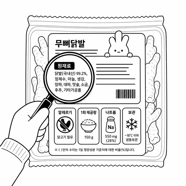뼈없는닭발 포장지의 원재료와 알레르기 정보를 확인하는 그림
