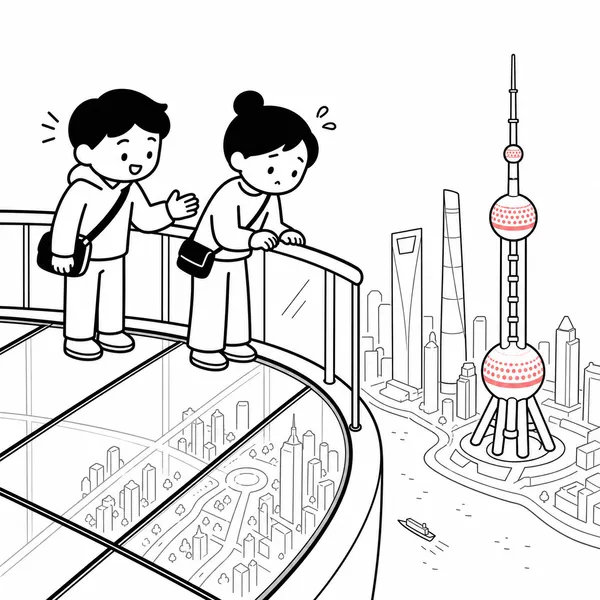 동방명주 259m 투명 유리 바닥 관람로에서 아래 풍경을 바라보는 여행자